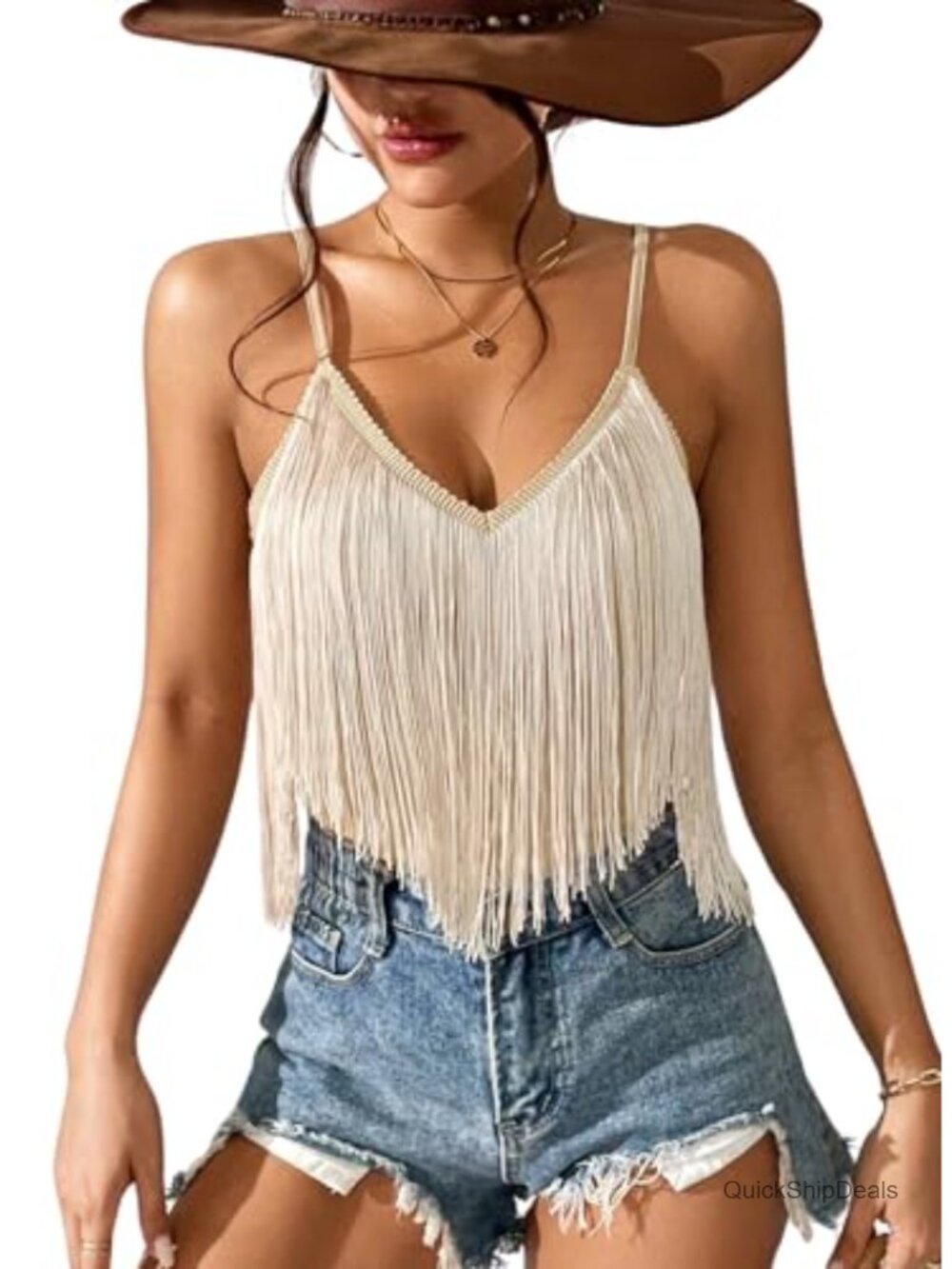 Western Fringe Tank Top Sleeveless V-Neck Cowgirl Rodeo Concert Outfit